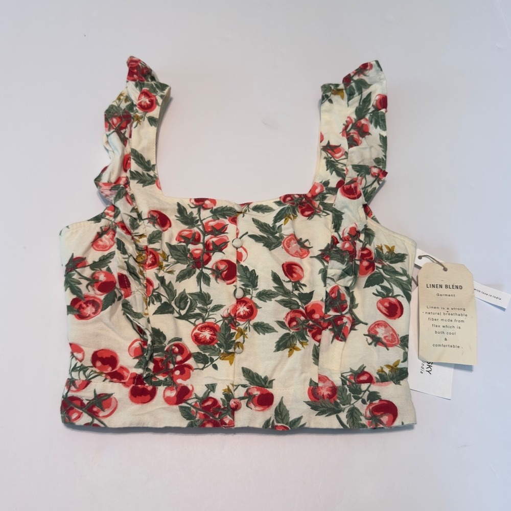 Midnight Sky Tomato Print Linen Blend Ruffle Strap Smocked Crop Top Cream Small